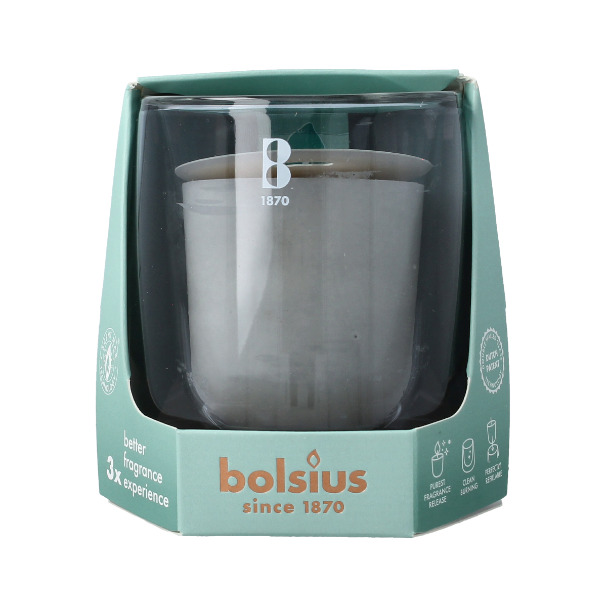 Bolsius Clean Light Startkit with cypress and amber candles, featuring one set of scented candles in a stylish design.