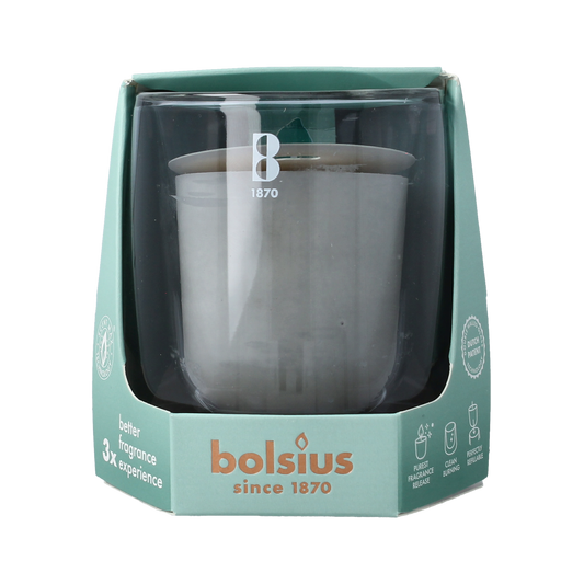 Bolsius Clean Light Startkit with cypress and amber candles, featuring one set of scented candles in a stylish design.
