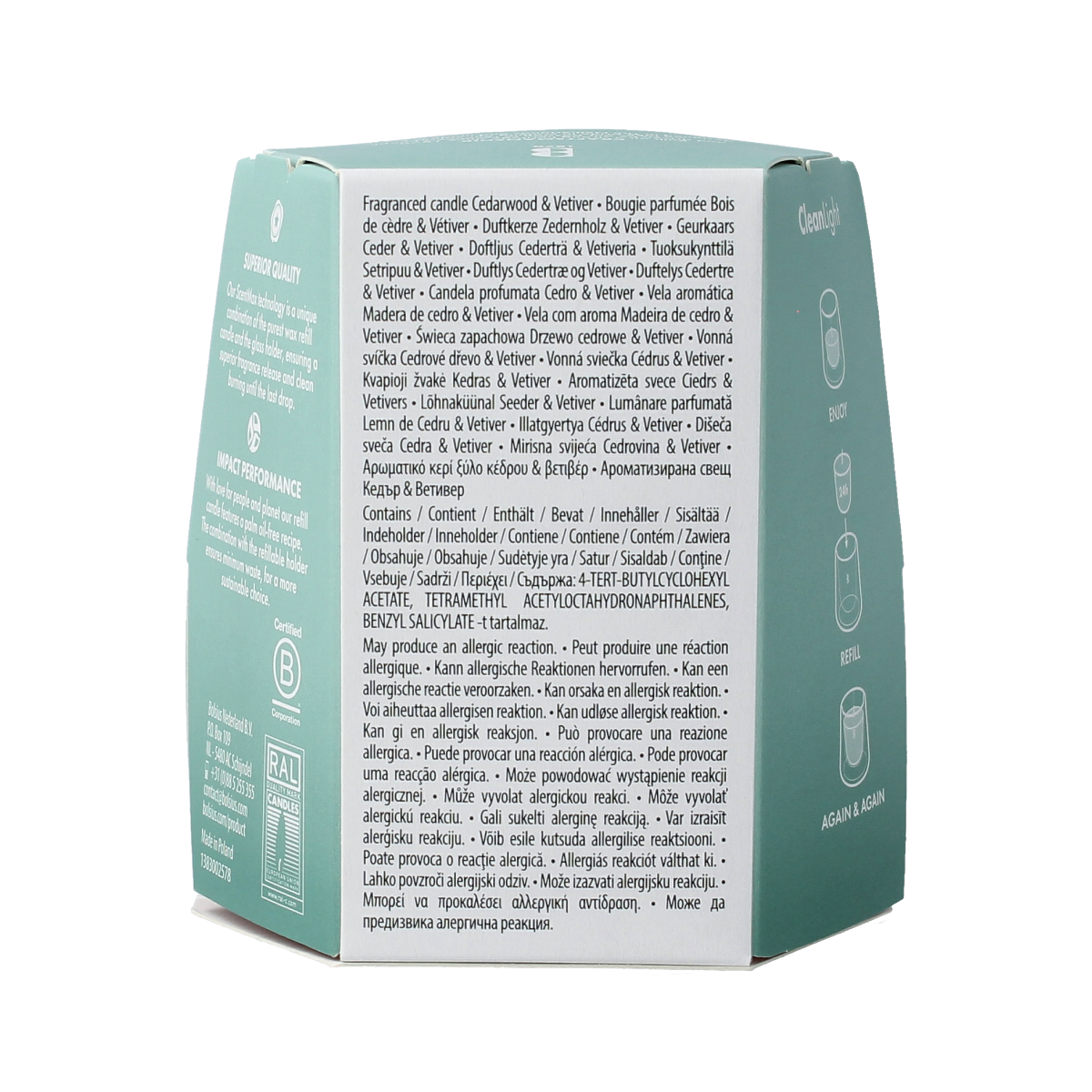 Bolsius Clean light startkit with cedarwood and vetiver scented candles, featuring one set of high-quality wax candles.