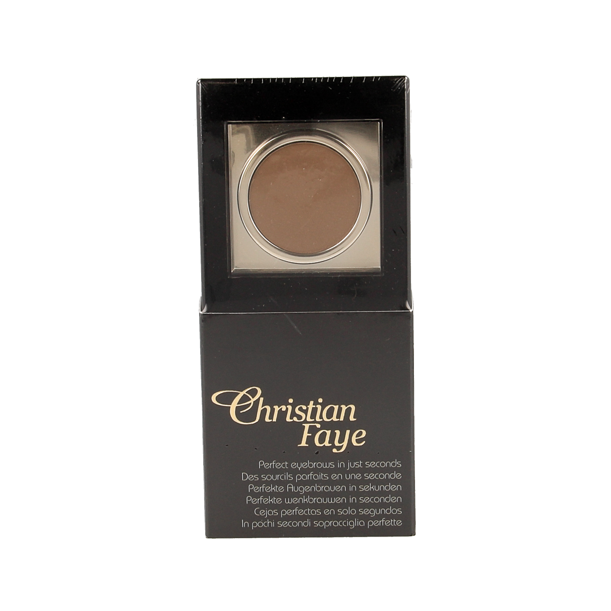 Christian Faye dark brown eyebrow make-up in 3g container, showcasing the eyebrow product with a natural finish.