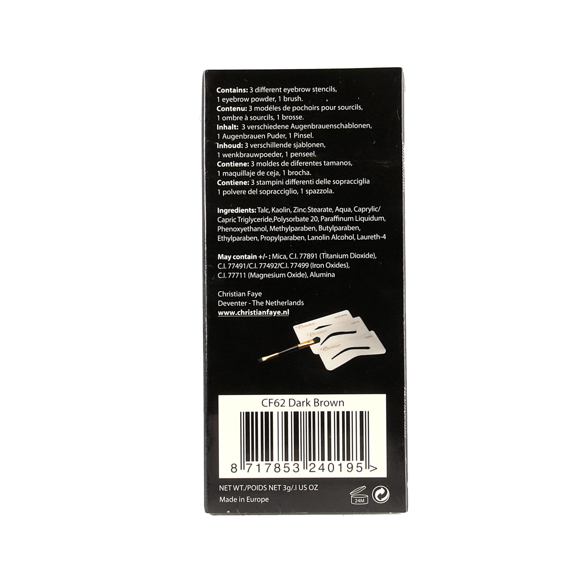 Christian Faye dark brown eyebrow make-up in 3g container, with a close-up of the product's packaging and applicator.