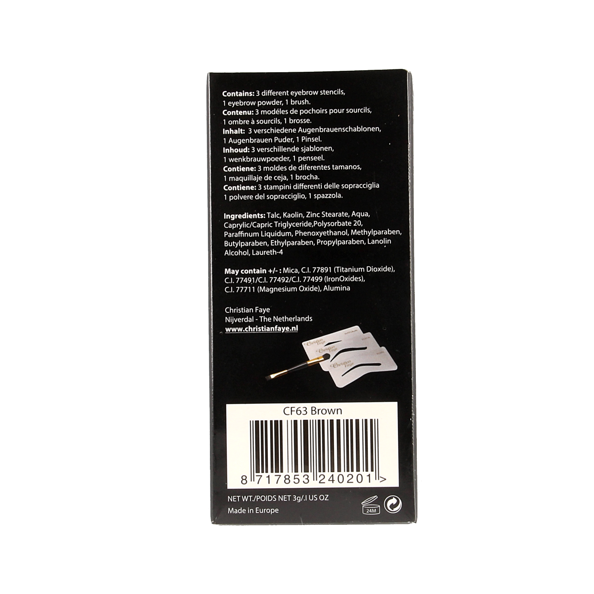 Christian Faye brown eyebrow makeup in 3.00 grams, featuring a natural look with a precise application for defined eyebrows.
