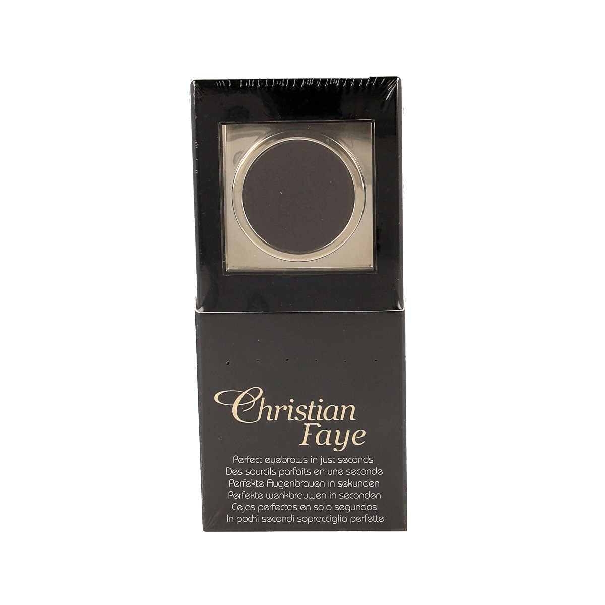 Christian Faye black eyebrow make-up in 3g compact, showcasing the product's sleek design and rich pigment for defined brows.