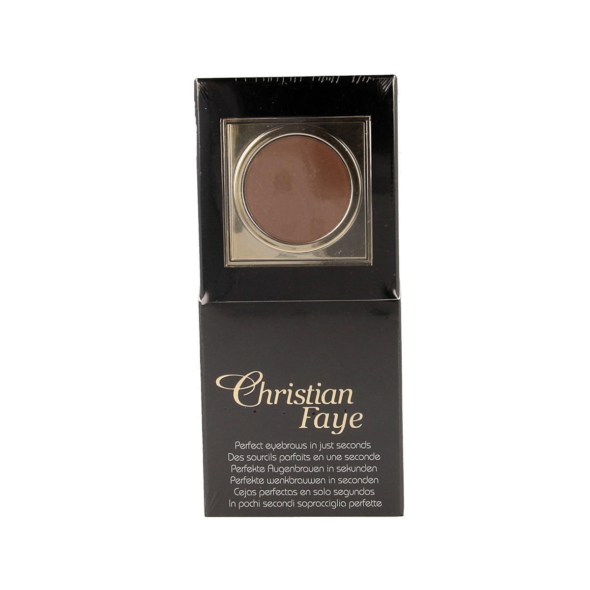 Christian Faye eyebrow makeup in irid brown, 3g, featuring a close-up of the eyebrow pencil and textured application.