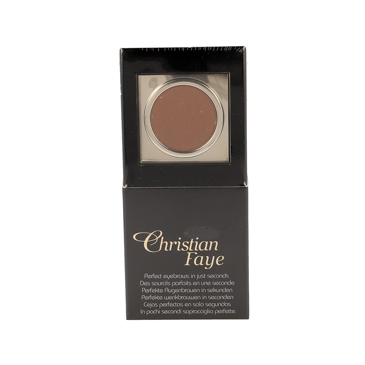 Christian Faye eyebrow makeup in bronze, 3g, with a close-up of the product tube and applicator for natural eyebrow enhancement.