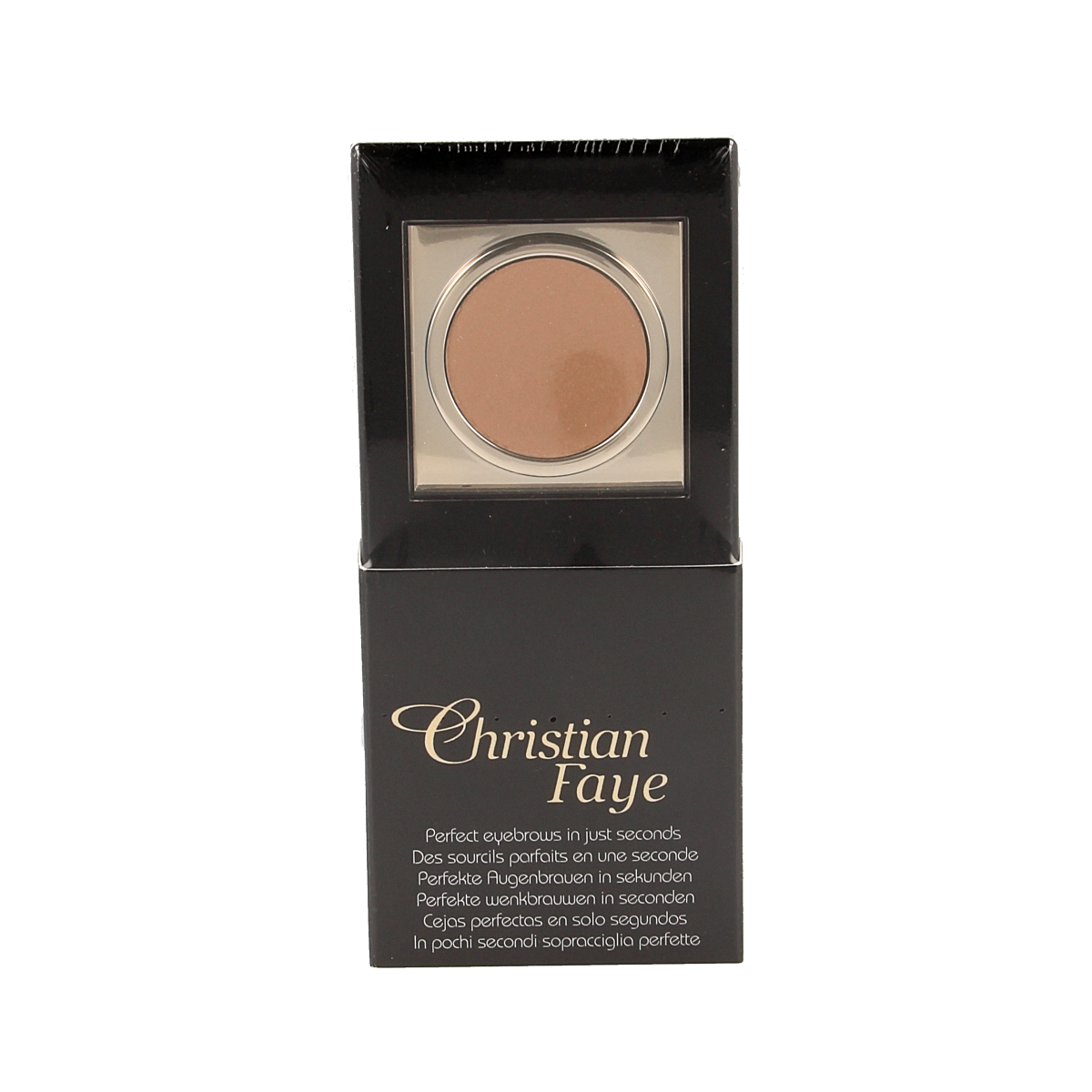 Christian Faye Eyebrow Makeup in tan, 3g, with a close-up of the product container showing the shade and branding.