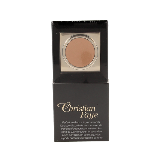 Christian Faye Eyebrow Makeup in tan, 3g, with a close-up of the product container showing the shade and branding.