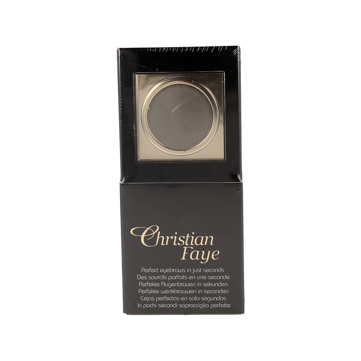 Christian Faye eyebrow makeup in 3g charcoal shade, showing a close-up of the makeup product with the packaging.