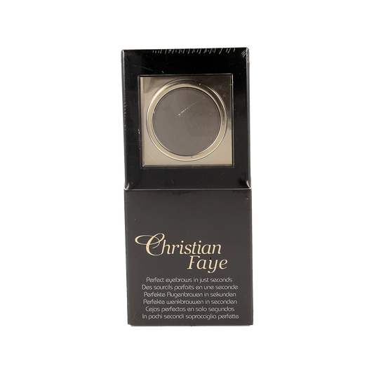 Christian Faye eyebrow makeup in 3g charcoal shade, showing a close-up of the makeup product with the packaging.