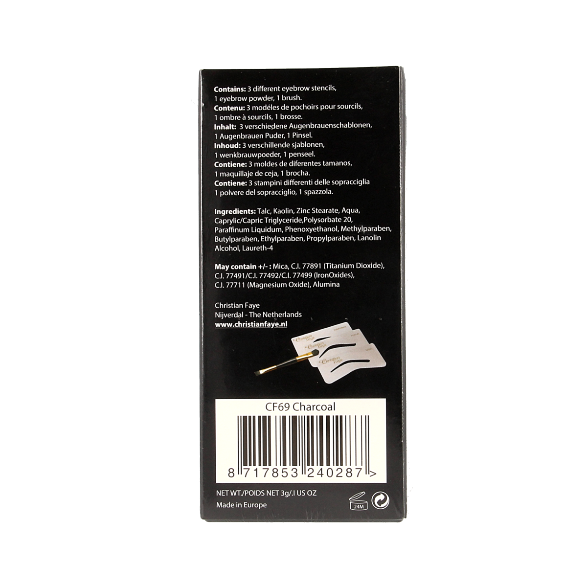 Christian Faye eyebrow charcoal makeup in a 3.00 gram compact, showcasing the product's dark, blendable eyebrow color.
