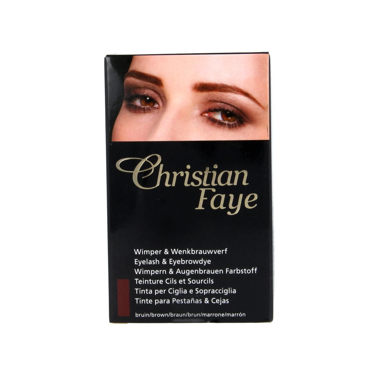 Christian Faye eyebrow and eyelash dye in brown, 1.00, makeup product showing the dye tube and applicator.