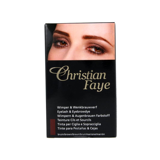 Christian Faye eyebrow and eyelash dye in brown, 1.00, makeup product showing the dye tube and applicator.