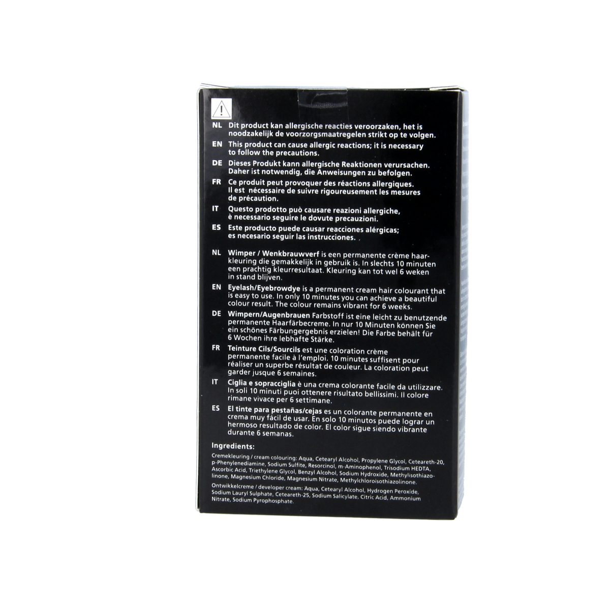Christian Faye brow and eyelash dye in brown, 1.00, make-up product showing the dye kit with applicator and dye bottles.