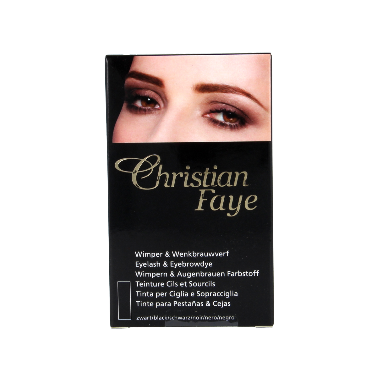 Christian Faye black eyebrow and eyelash dye kit with one set, easy-to-use make-up product for bold, defined brows and lashes.