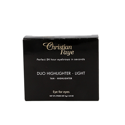 Christian Faye eyebrow makeup duo highlighter in light shade, featuring two compact sticks for brow and highlighting.