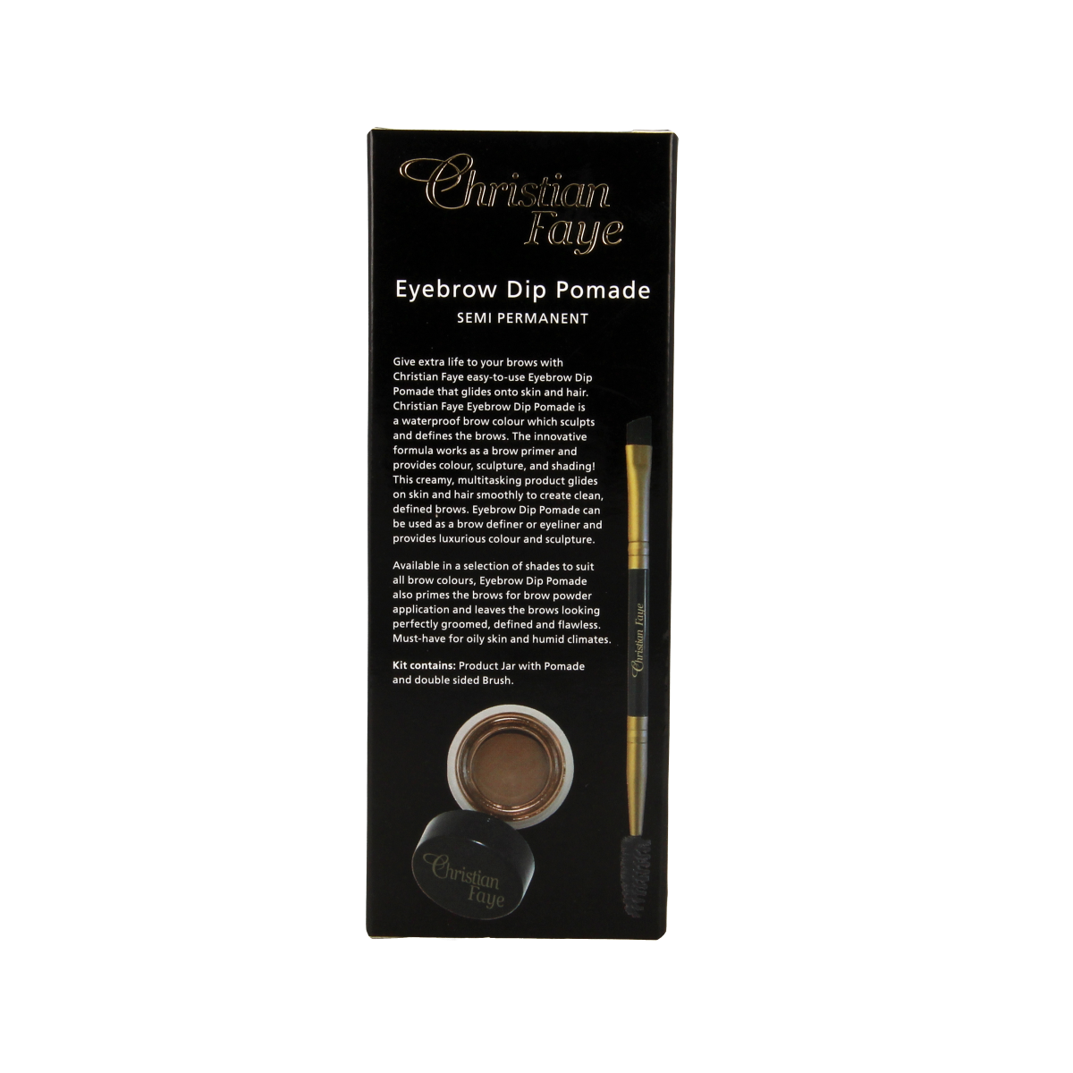 Christian Faye dark brown eyebrow dip pomade in a 4.5g jar, perfect for defining and shaping eyebrows in make-up looks.