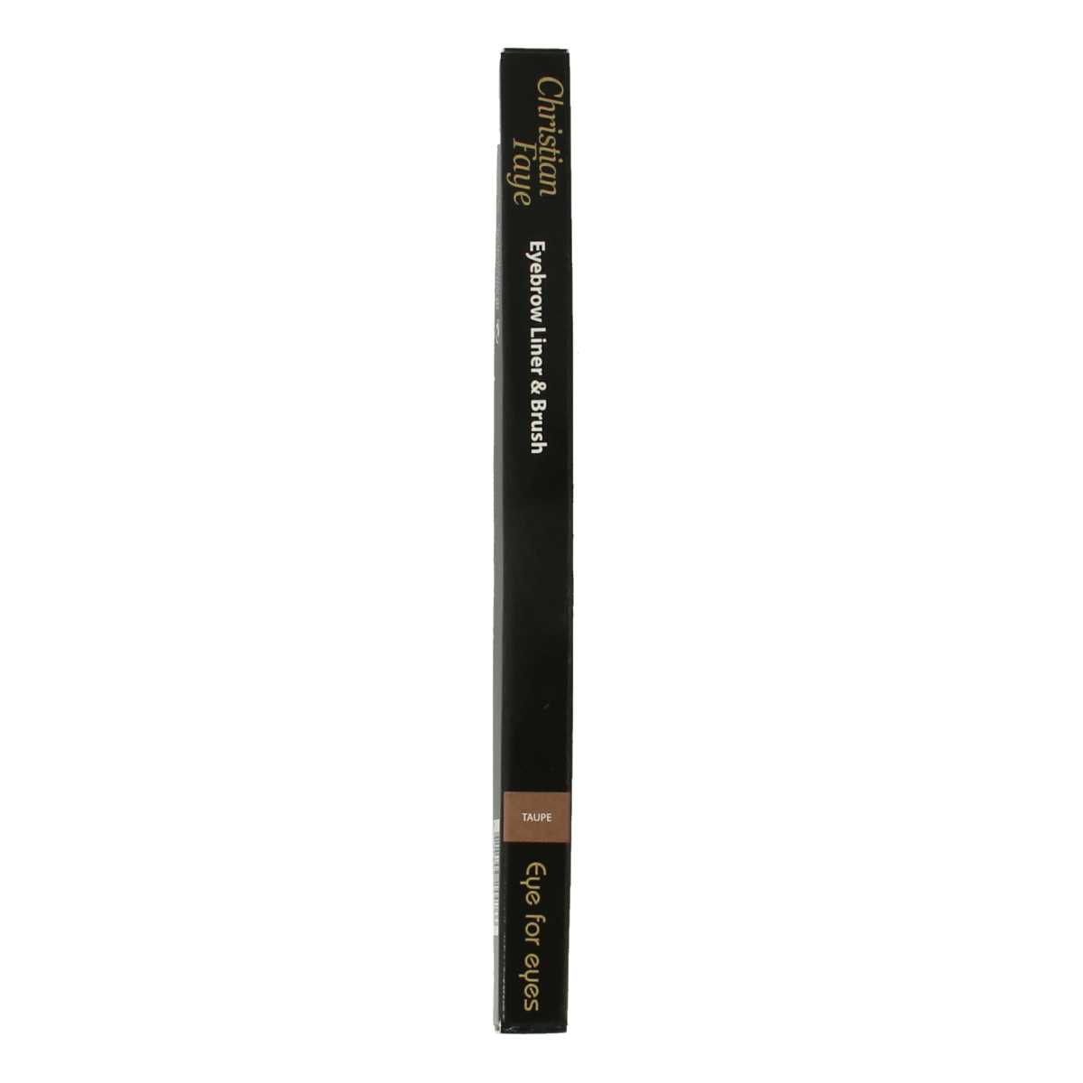 Christian Faye eyebrow liner and brush in taupe, 0.11g, with close-up of the makeup pencil and brush for natural eyebrow enhancement.