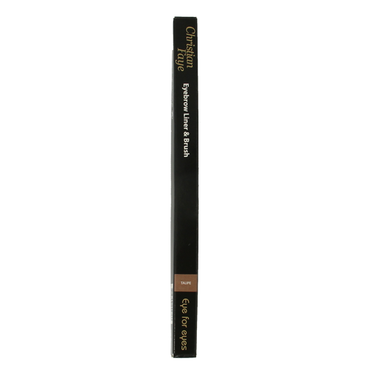 Christian Faye eyebrow liner and brush in taupe, 0.11g, with close-up of the makeup pencil and brush for natural eyebrow enhancement.
