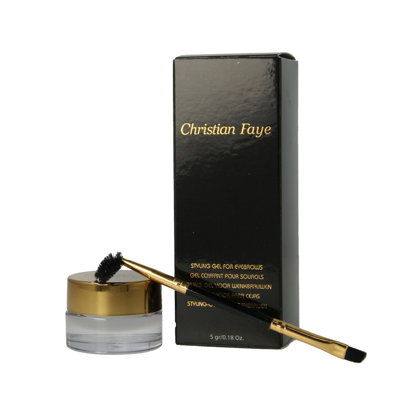 Christian Faye eyebrow styling gel in 5 grams, clear formula with a brush applicator for shaping and defining brows.
