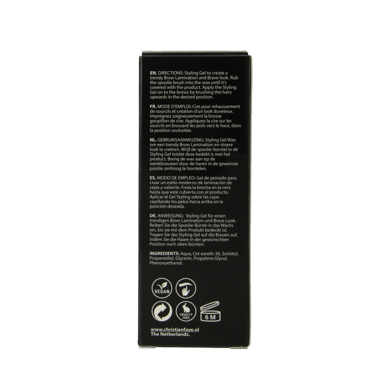 Christian Faye eyebrow styling gel in a 5g tube, designed to shape and tame eyebrows with natural-looking hold.