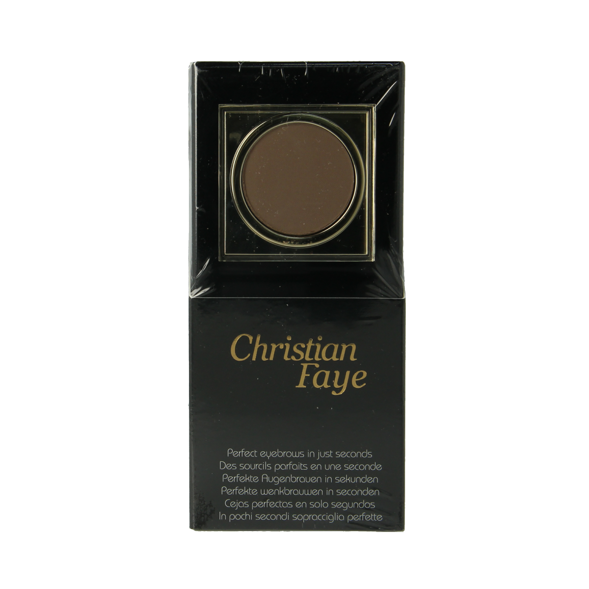Christian Faye eyebrow powder in ash brown, 3g, showing the compact with powder and applicator brush for natural brow enhancement.