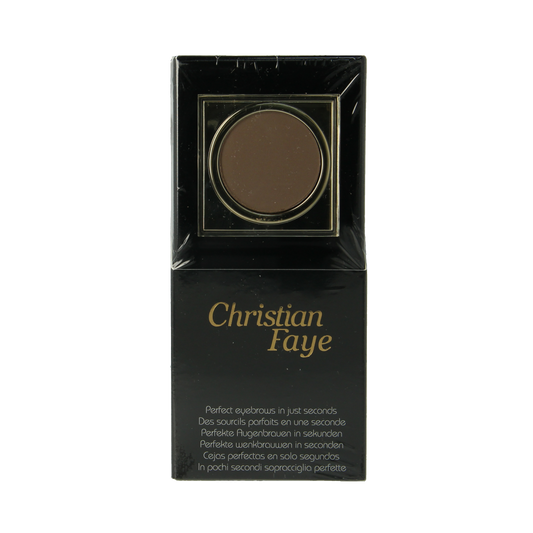 Christian Faye eyebrow powder in ash brown, 3g, showing the compact with powder and applicator brush for natural brow enhancement.