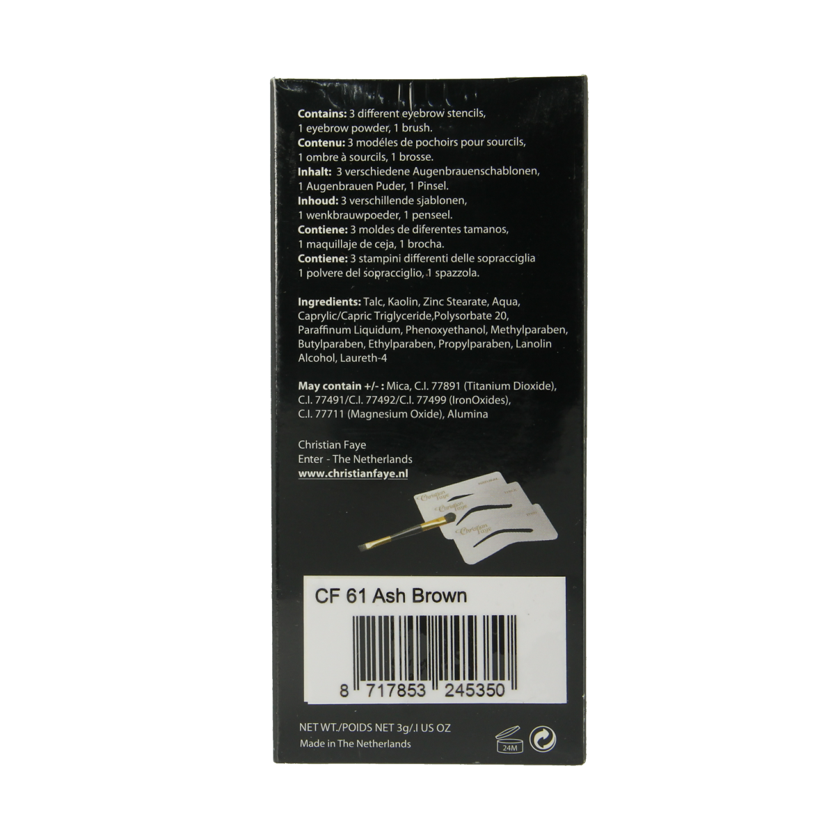 Christian Faye eyebrow powder in ash brown, 3g, for natural-looking, defined eyebrows in a make-up product image.