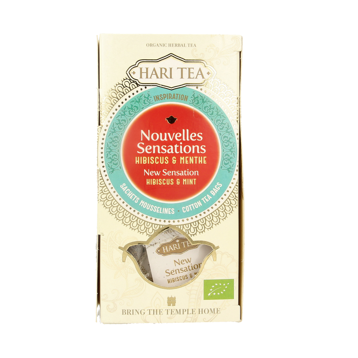 Hari Tea Hibiscus & Mint tea box, 10 packs, showcasing colorful herbal tea bags with hibiscus and mint ingredients.