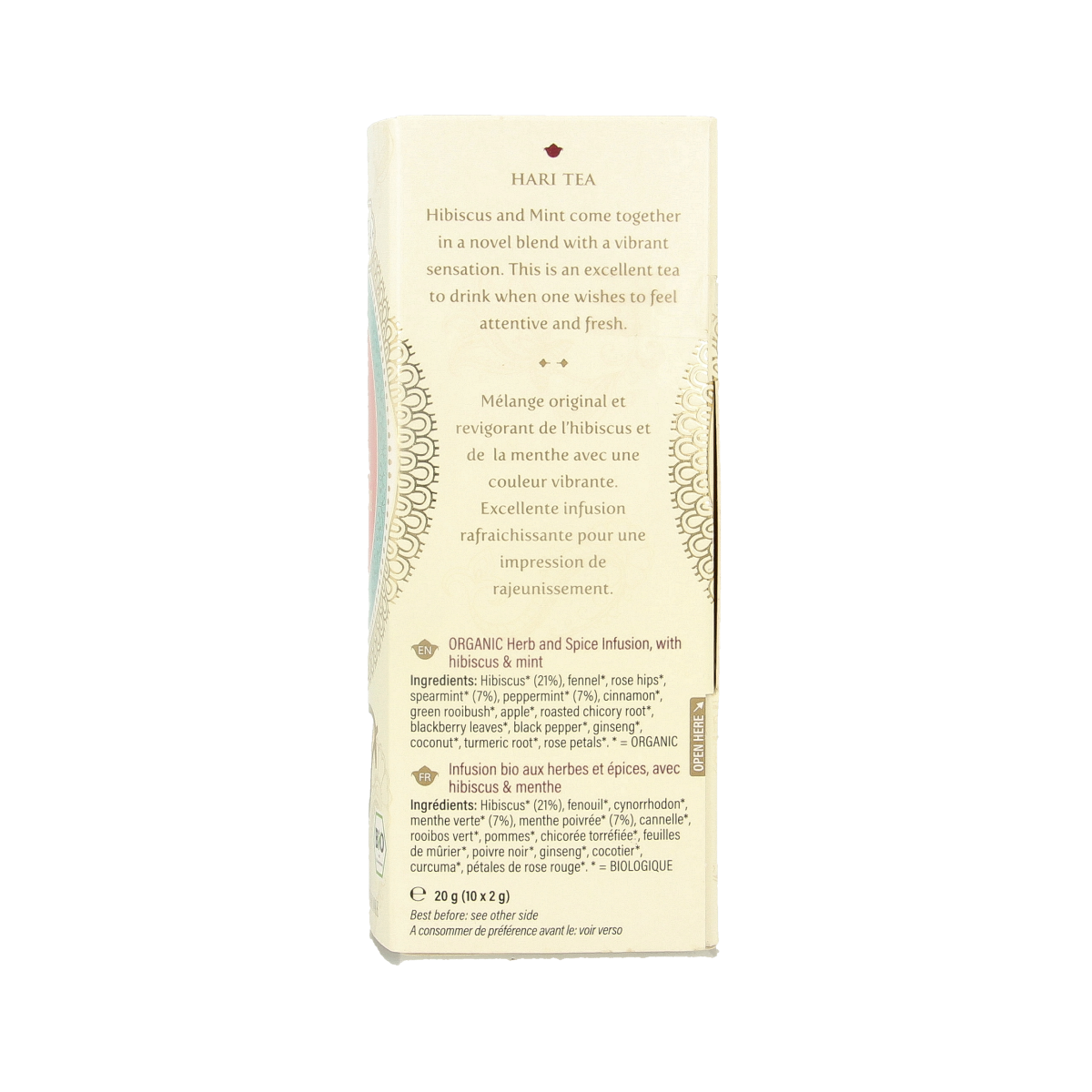 Hari Tea Hibiscus and mint tea selection box with 10 bio tea bags, featuring vibrant hibiscus and fresh mint flavors.