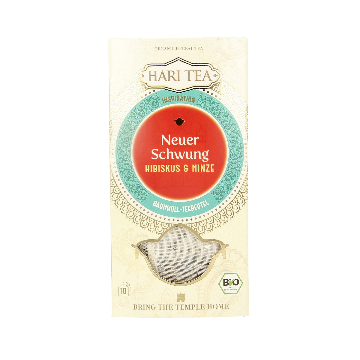 Hibiscus and mint flavored tea bags by Hari Tea, organic, 10-pack, showcasing the vibrant tea infusions in the packaging.