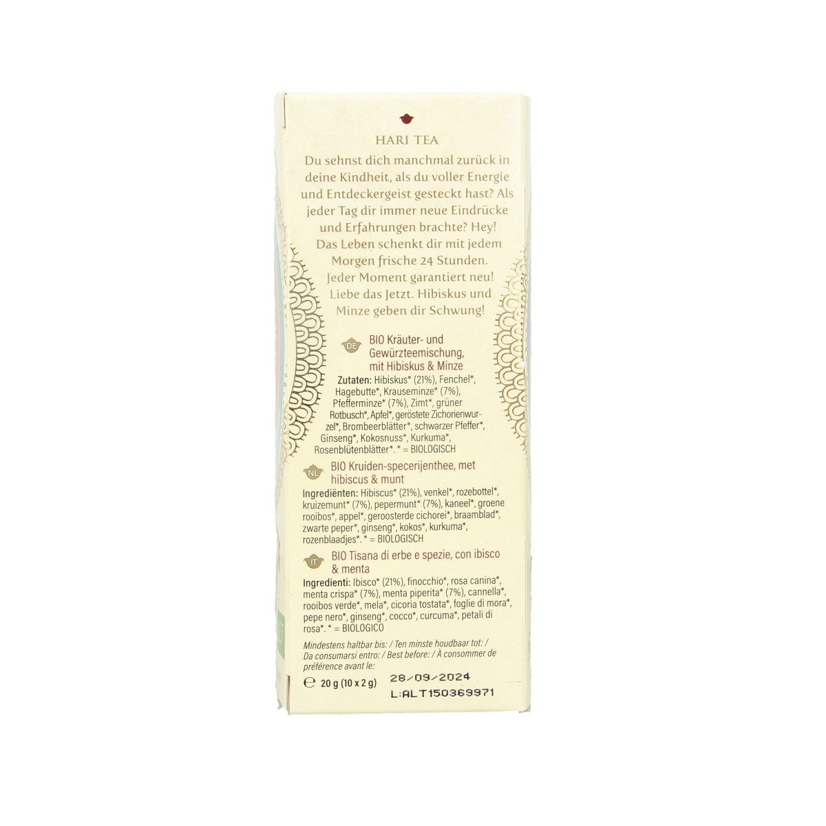 Hari Tea Hibiscus and mint tea bags, 10-pack, organic herbal tea for refreshing and soothing beverage.