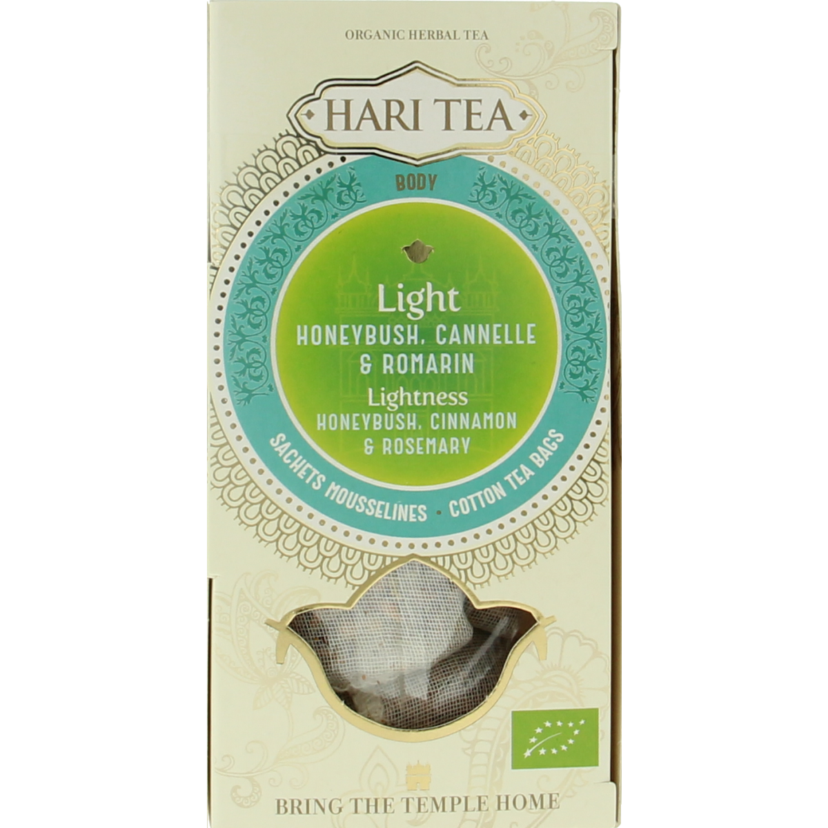 Hari Tea Honeyrush cinnamon rosemary herbal tea boxes, 10 packs, featuring natural ingredients and bio certification.