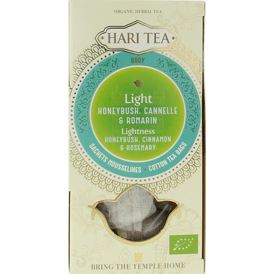 Hari Tea Honeyrush cinnamon rosemary herbal tea boxes, 10 packs, featuring natural ingredients and bio certification.