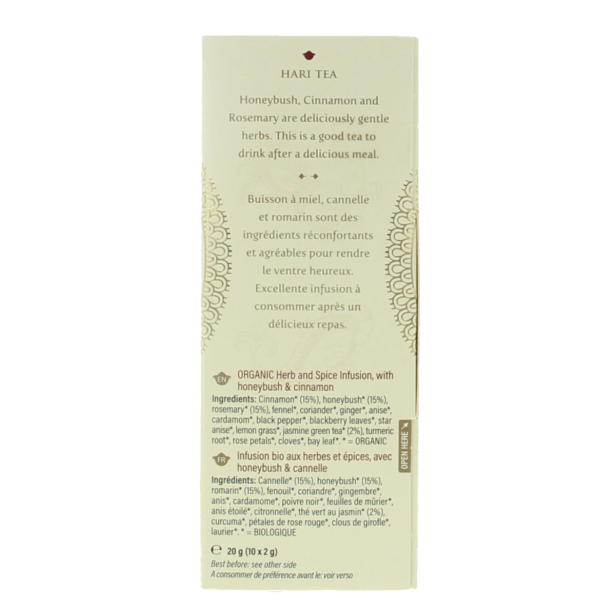Hari Tea Honeyrush cinnamon rosemary herbal tea in 10 pack, featuring lightness and bio ingredients, with cinnamon and rosemary.