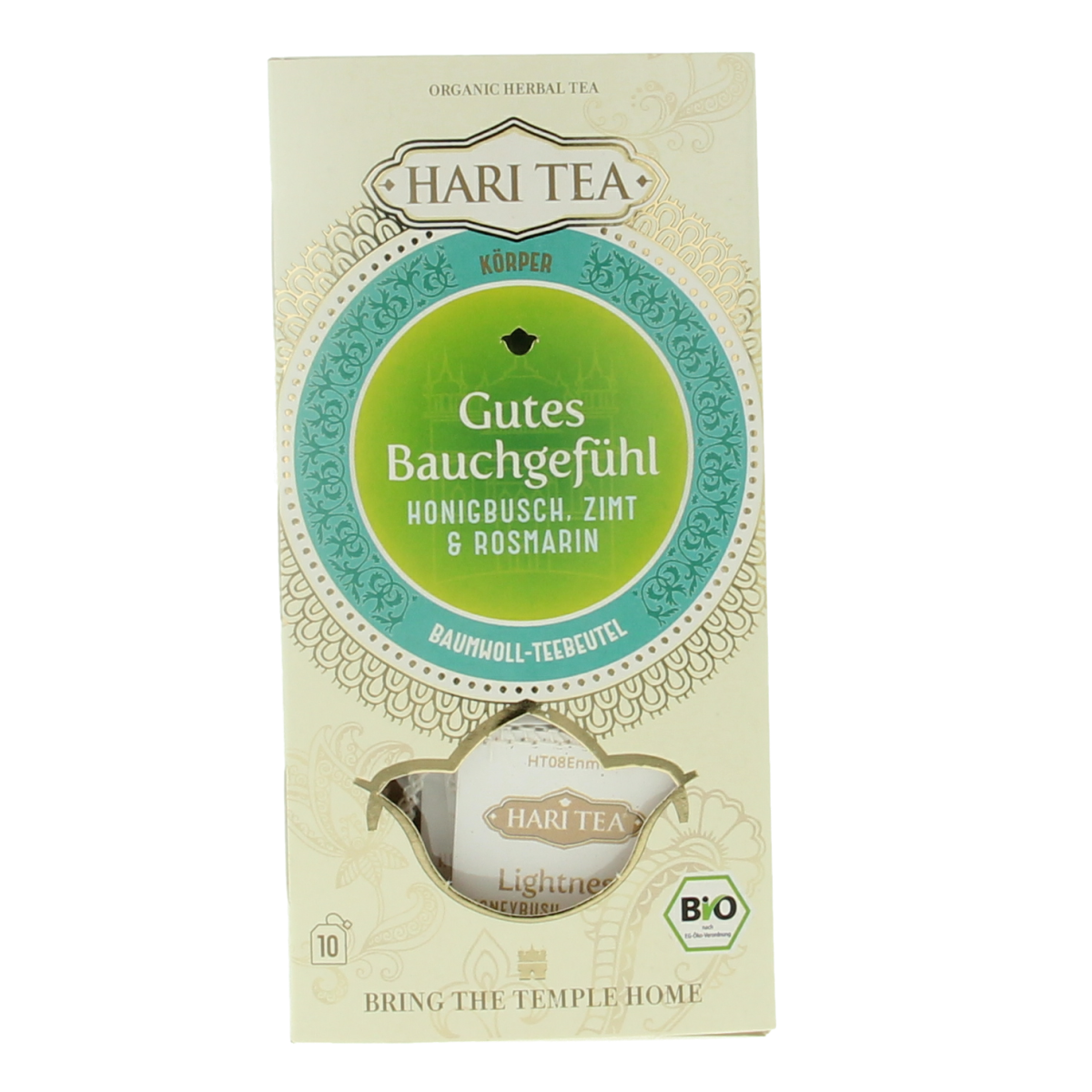 Hari Tea Honeyrush cinnamon rosemary herbal tea pack with 10 bio tea bags, featuring natural ingredients and lightness.