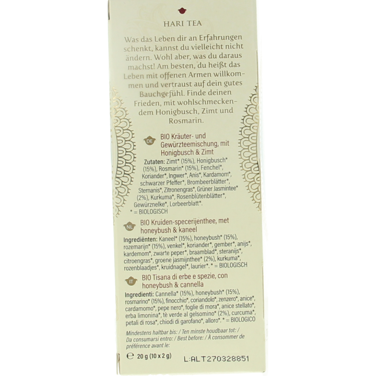 Hari Tea Honeyrush cinnamon rosemary lightness bio tea box with 10 organic tea bags, featuring cinnamon and rosemary ingredients.