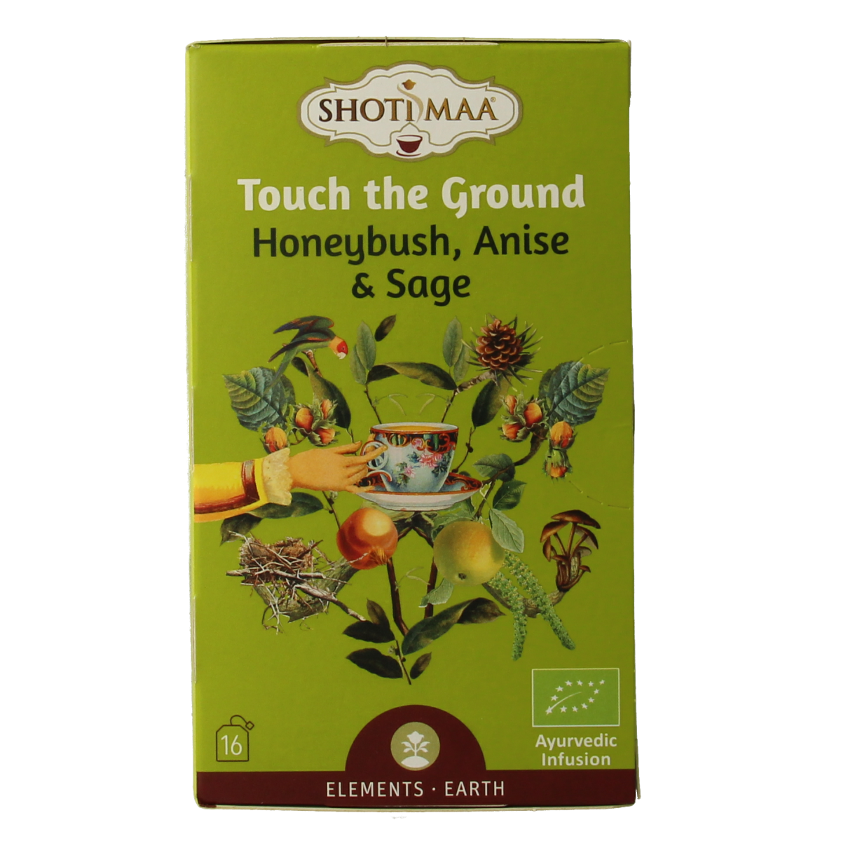 Shoti Maa Earth Touch the Ground bio coffee and tea boxes, eco-friendly packaging, natural and organic product display.