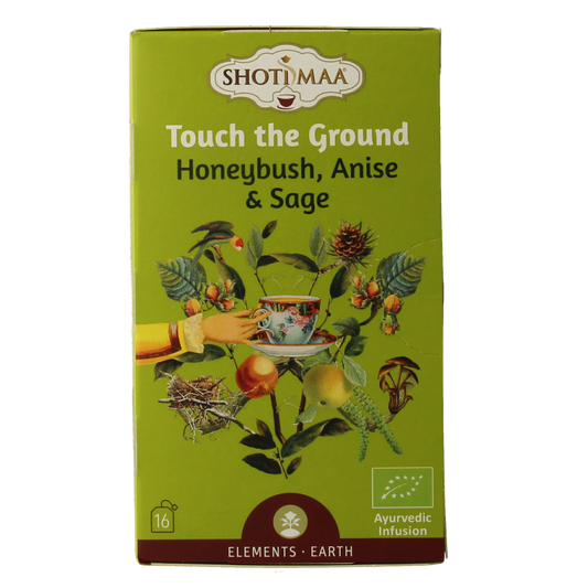 Shoti Maa Earth Touch the Ground bio coffee and tea boxes, eco-friendly packaging, natural and organic product display.