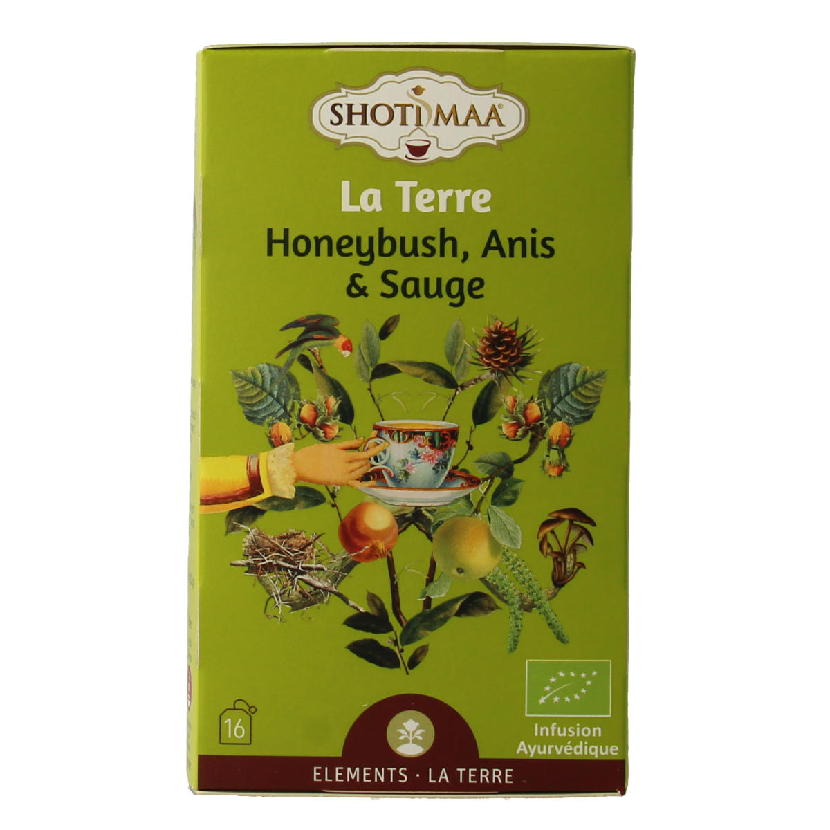 Shoti Maa Earth touch the ground bio coffee and tea sachets in a natural setting, showcasing eco-friendly packaging.