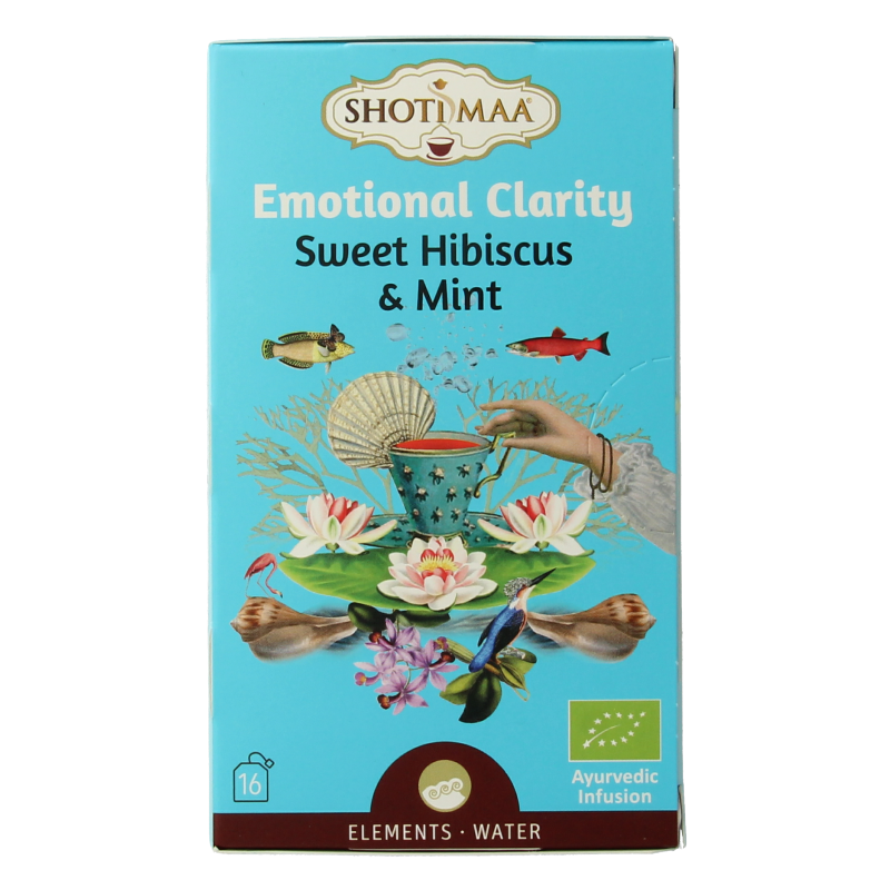 Shoti Maa water emotional clarity herbal tea sachets, 16-pack, featuring natural ingredients for calming and focus.