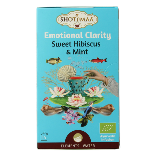 Shoti Maa water emotional clarity herbal tea sachets, 16-pack, featuring natural ingredients for calming and focus.