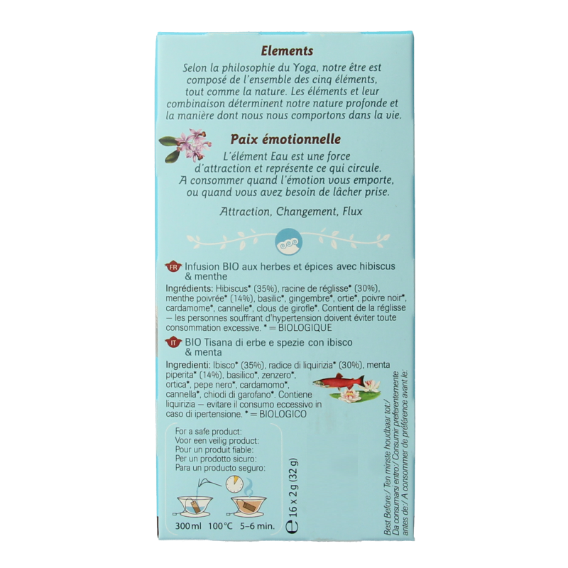 Shoti Maa Water emotional clarity herbal tea bags, 16-pack, featuring natural bio ingredients in individual sachets.
