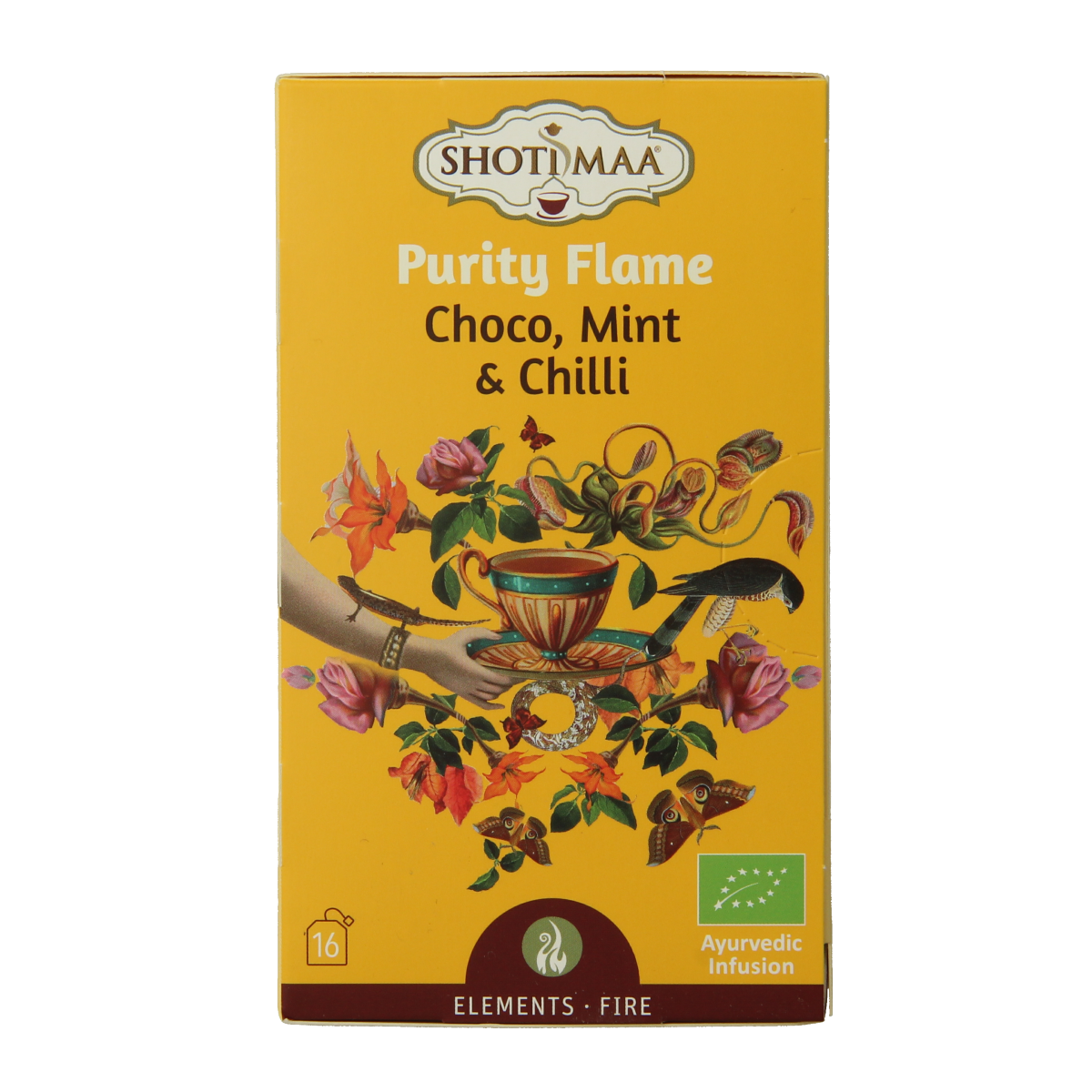 Shoti Maa Fire purity flame bio coffee and tea sachets, organic herbal blend in a pack of 16 for soothing beverages.