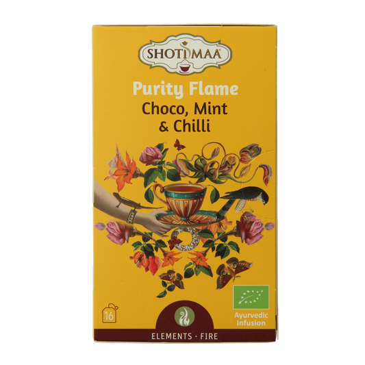 Shoti Maa Fire purity flame bio coffee and tea sachets, organic herbal blend in a pack of 16 for soothing beverages.