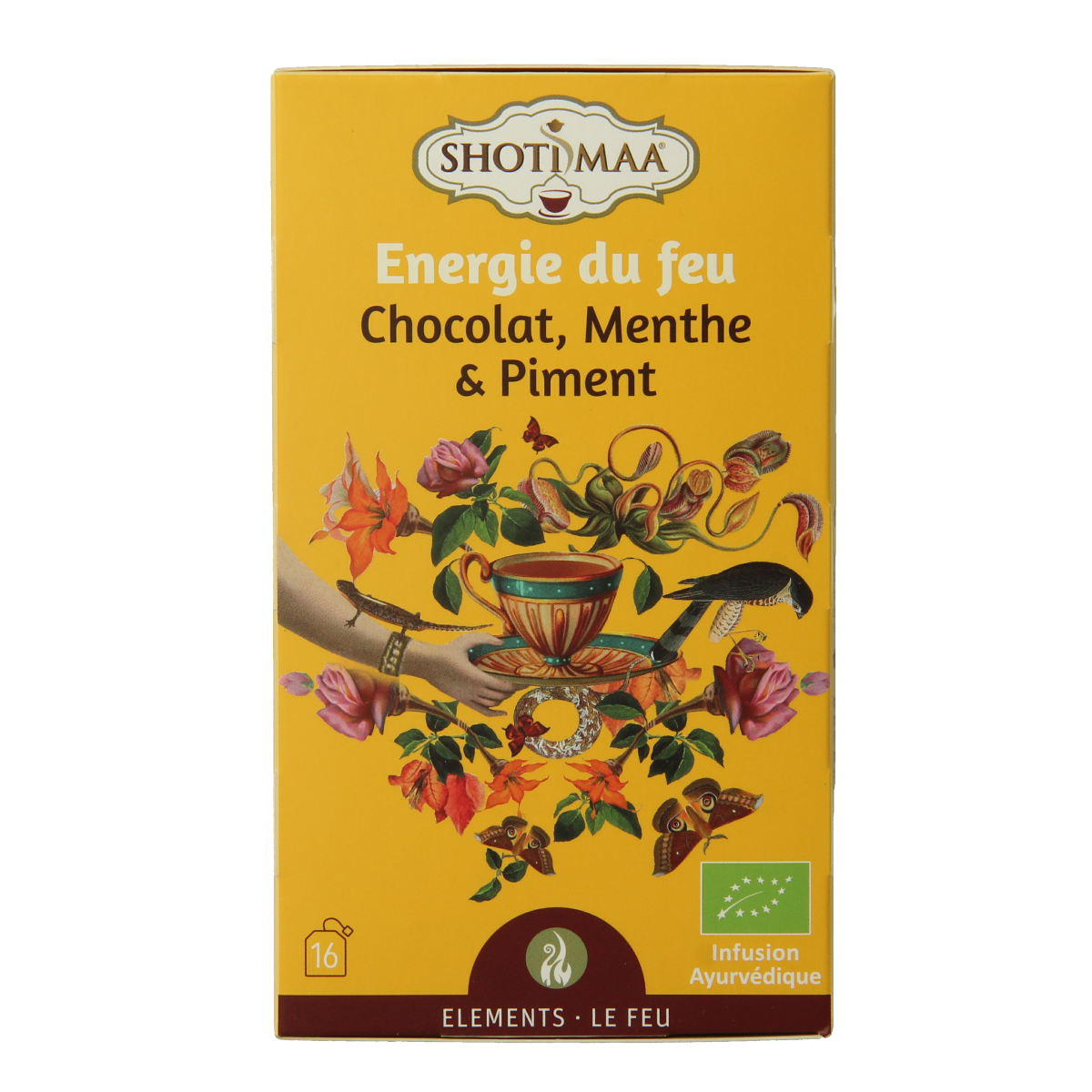 Shoti Maa Fire purity flame bio coffee and tea packets, eco-friendly packaging, natural herbal blend for wellness.