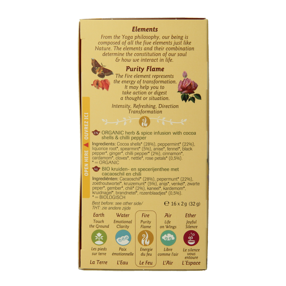Shoti Maa Fire Purity Flame bio coffee and tea packets, eco-friendly packaging with vibrant flame design.