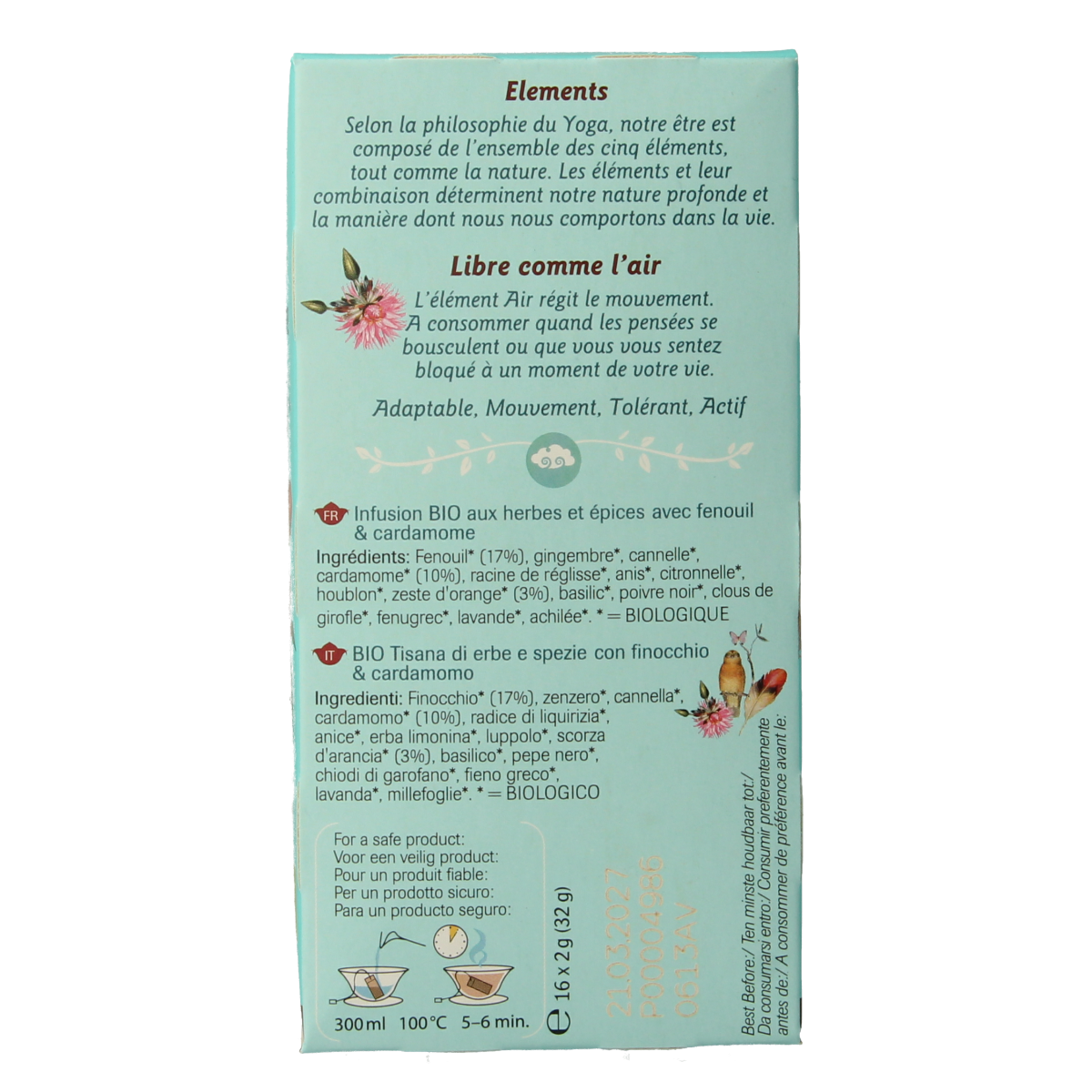 Shoti Maa Air Life on Wings bio coffee and tea sachets, featuring 16 organic tea bags in a natural packaging.