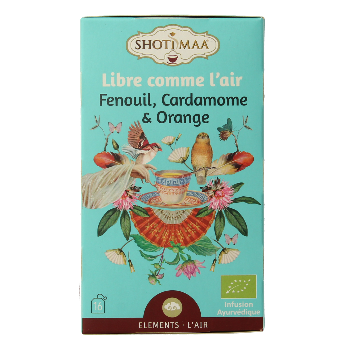 Shoti Maa Air Life on Wings bio coffee and tea sachets, featuring 16 packs of organic herbal beverage in a colorful package.