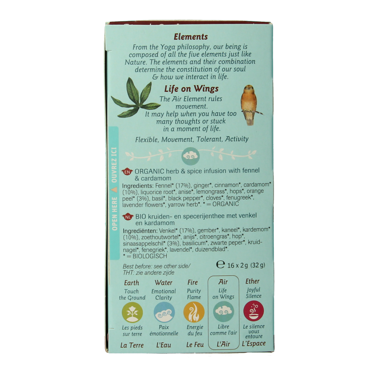 Shoti Maa Air Life on Wings bio coffee and tea sachets, organic and natural, displayed in a package with 16 sachets.