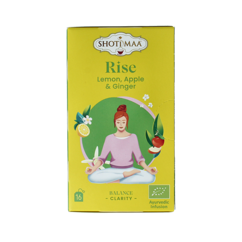 Shoti Maa Rise bio coffee and tea bags packaging, featuring 16 organic coffee and tea sachets in a resealable packet.